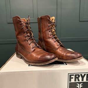 Frye Melissa Lace Short Brown Leather Zip Up Combat Moto Winter/Fall Ankle Boot